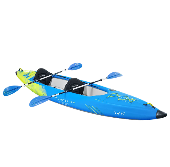 RiverEdge 320 racing kayak - premium blue and white carbon-kevlar performance kayak designed for elite competitive paddling, featuring streamlined hull, ergonomic cockpit, and professional-grade construction for speed and precision control