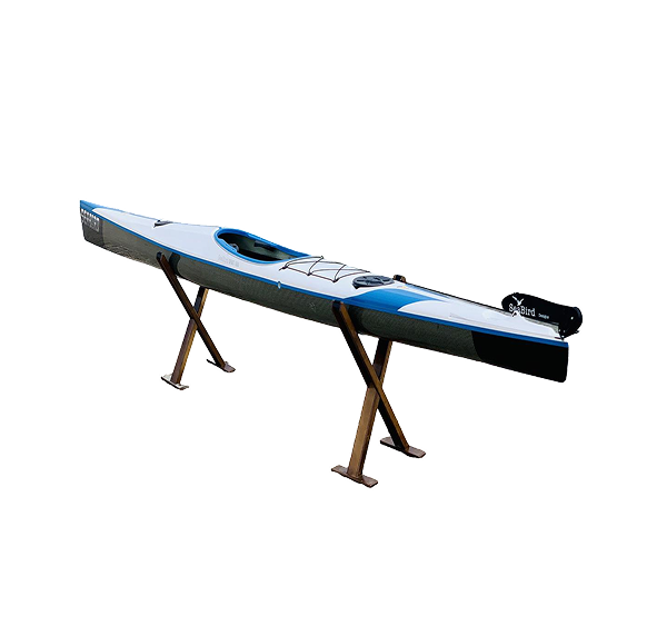 TideRunner Duo 410 tandem kayak - spacious blue and white fiberglass composite two-person kayak designed for couples and friends exploring coastal waters and lakes together, featuring dual adjustable high-back seats, balanced hull for stability and tracking, and front and rear waterproof storage hatches